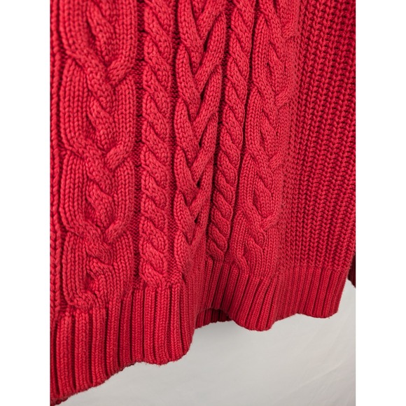Heavy Cotton Red Cable Knit Chunky Turtleneck Sweater XL Cottagecore Fisherman - Picture 4 of 10